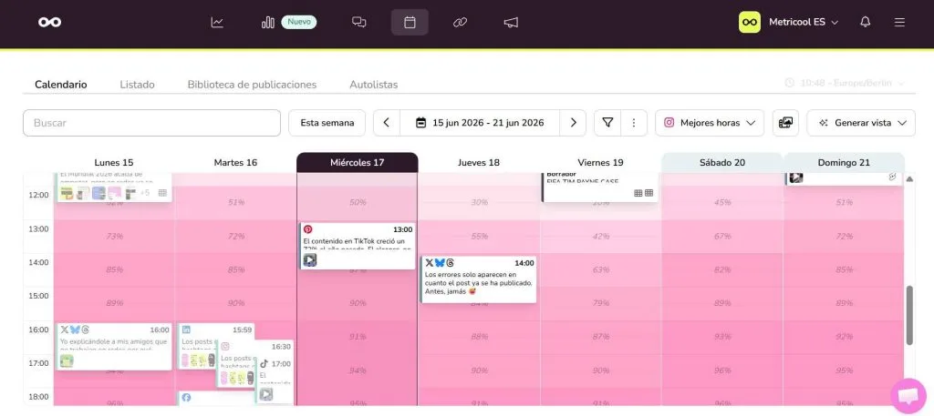 Planificador de Metricool para consultar las mejores horas de Instagram