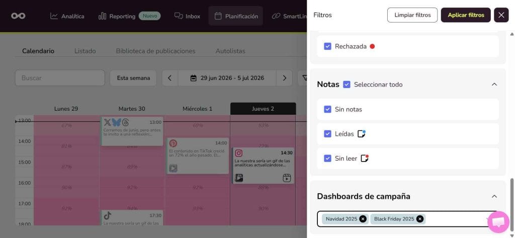 Mejoras de experiencia y más filtros en el planificador de Metricool