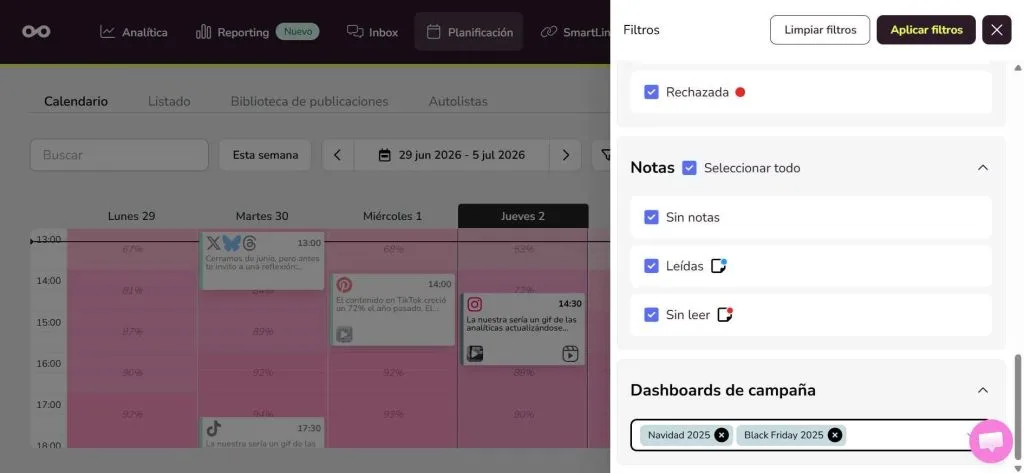 Mejoras de experiencia y más filtros en el planificador de Metricool