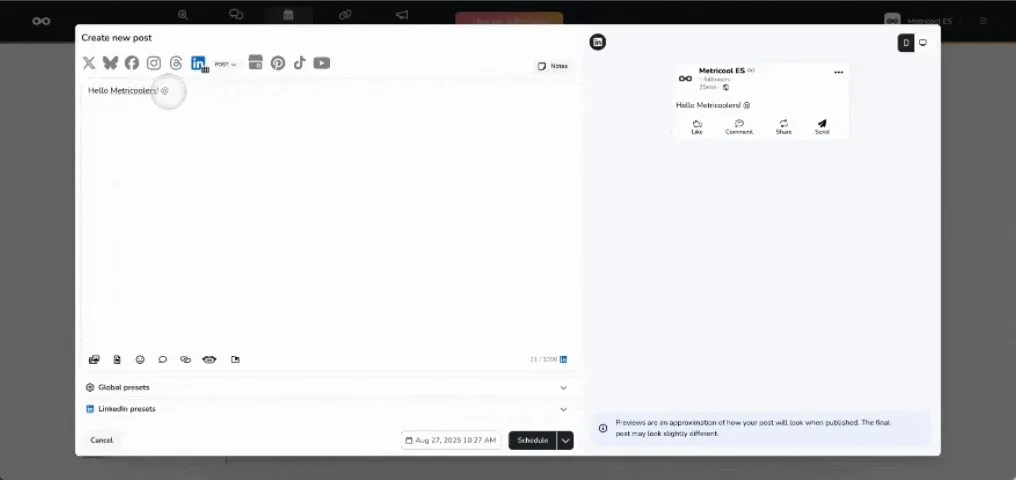 novedades de Metricool - menciones con url en linkedin