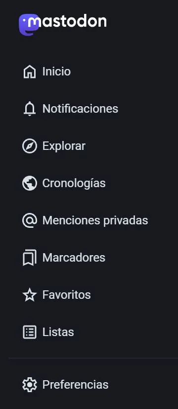 que es Mastodon: menú de Mastodon