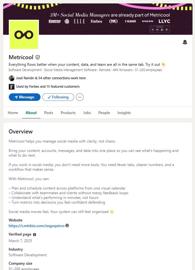 metricool linkedin company page
