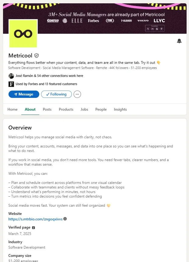 metricool linkedin company page