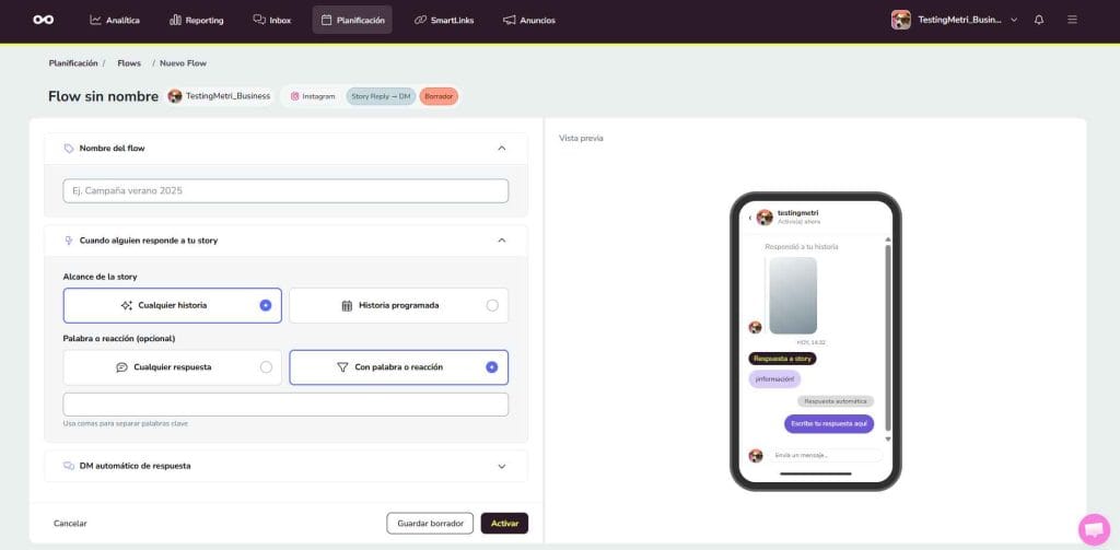 Flows de Metricool para programar mensajes en Instagram
