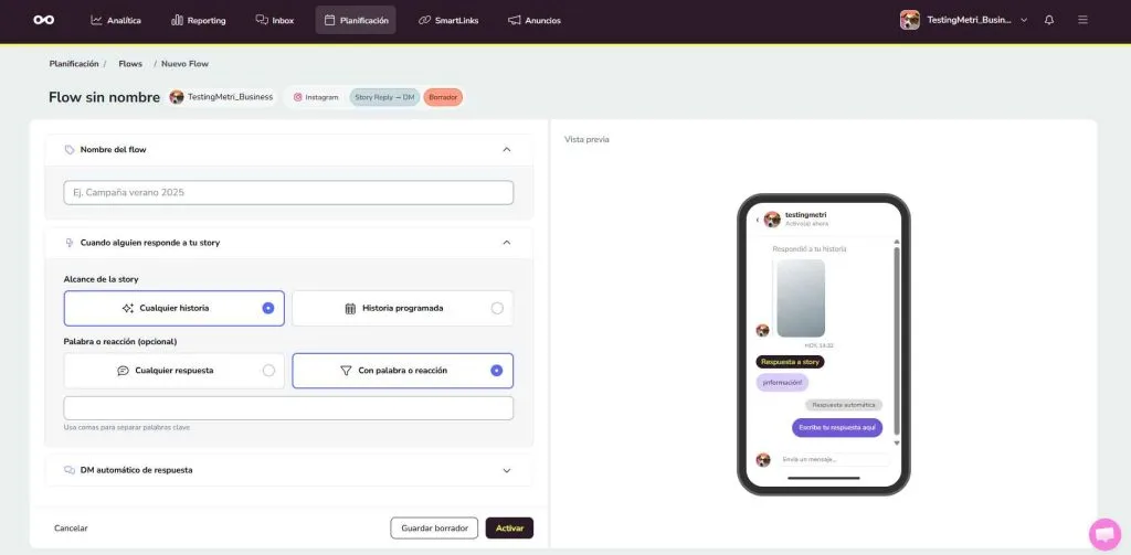 Flows de Metricool para programar mensajes en Instagram