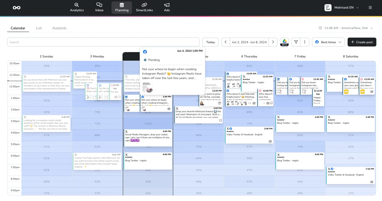 Metricool content planner