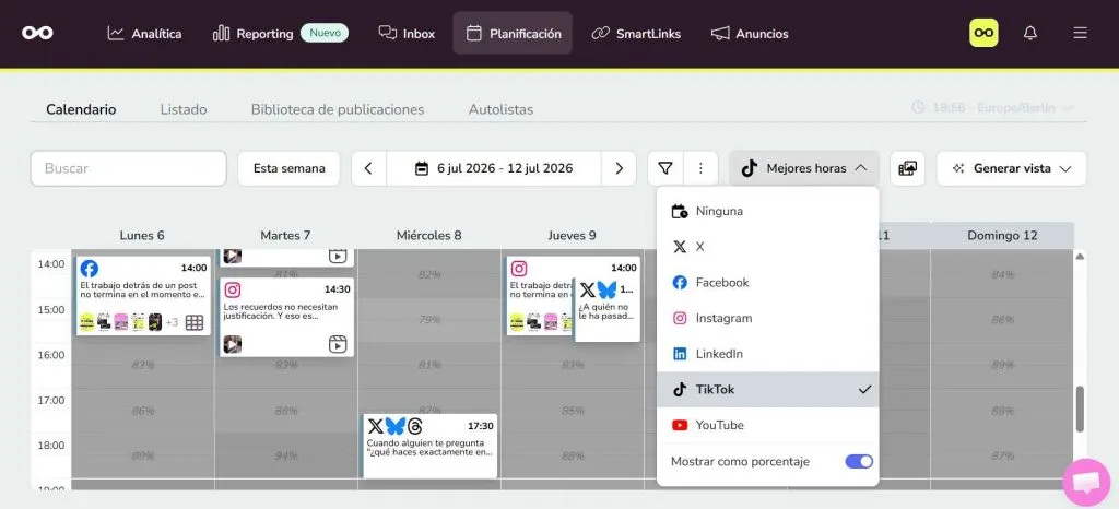 Mejores horas para publicar en TikTok con Metricool