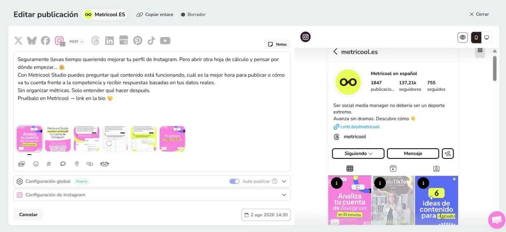 Instagram feed preview con Metricool