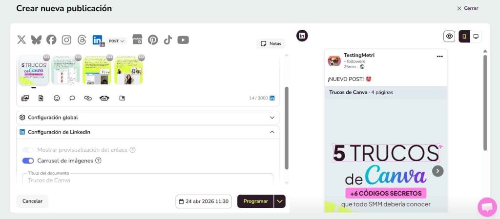 Cómo programar un carrusel de LinkedIn con Metricool