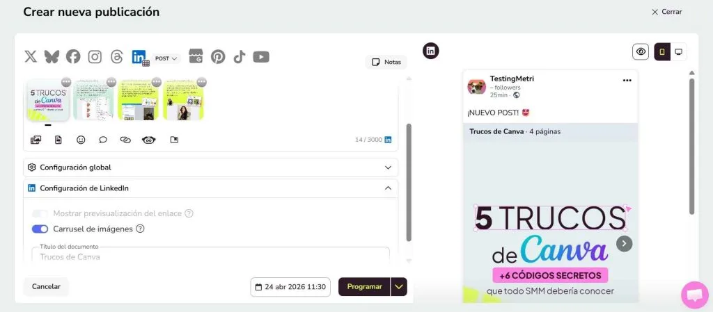 Cómo programar un carrusel de LinkedIn con Metricool