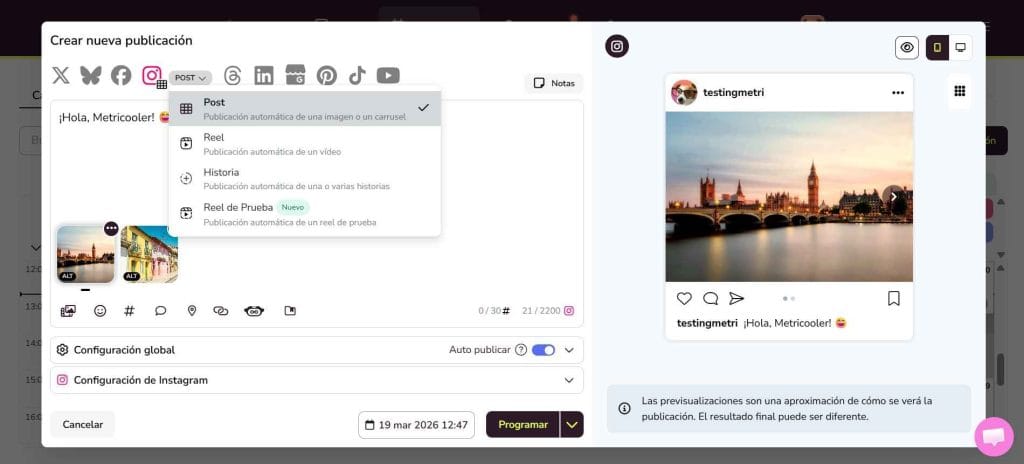 Programar publicaciones en Instagram con Metricool