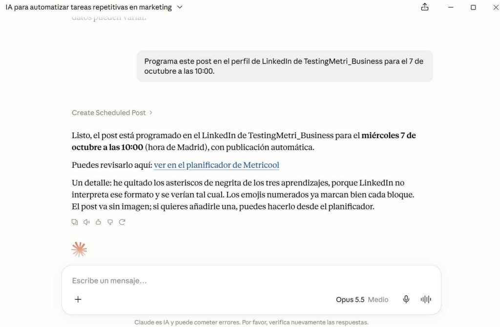 programar publicaciones en linkedin con claude