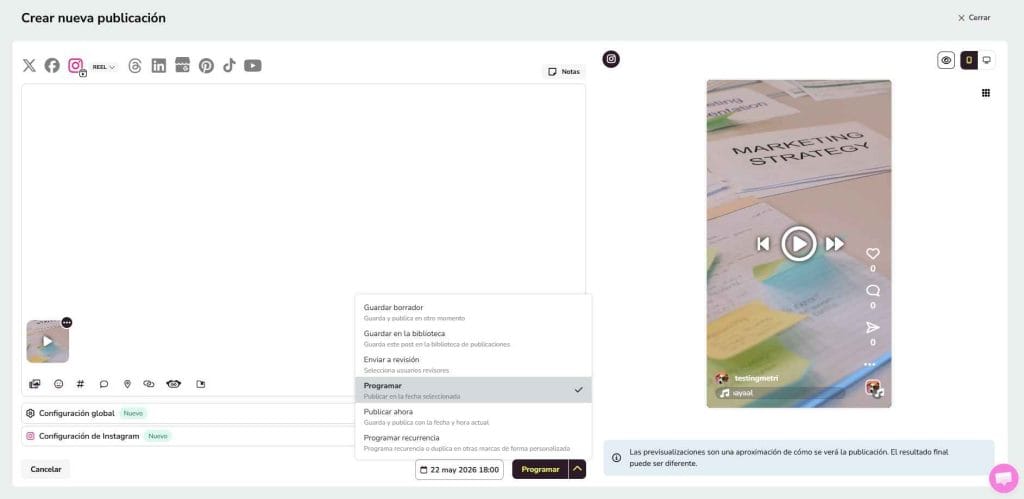 Programar reel de Instagram con Metricool