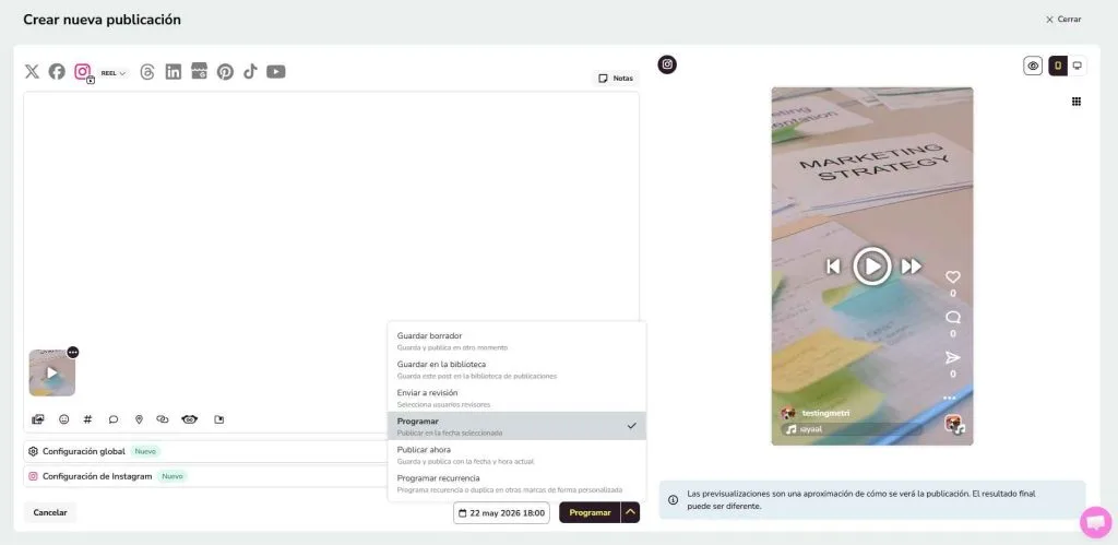 Programar reel de Instagram con Metricool