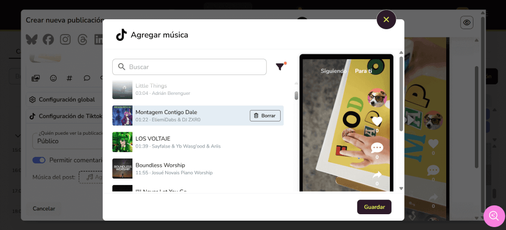 Programar vídeos con canciones de TikTok desde Metricool