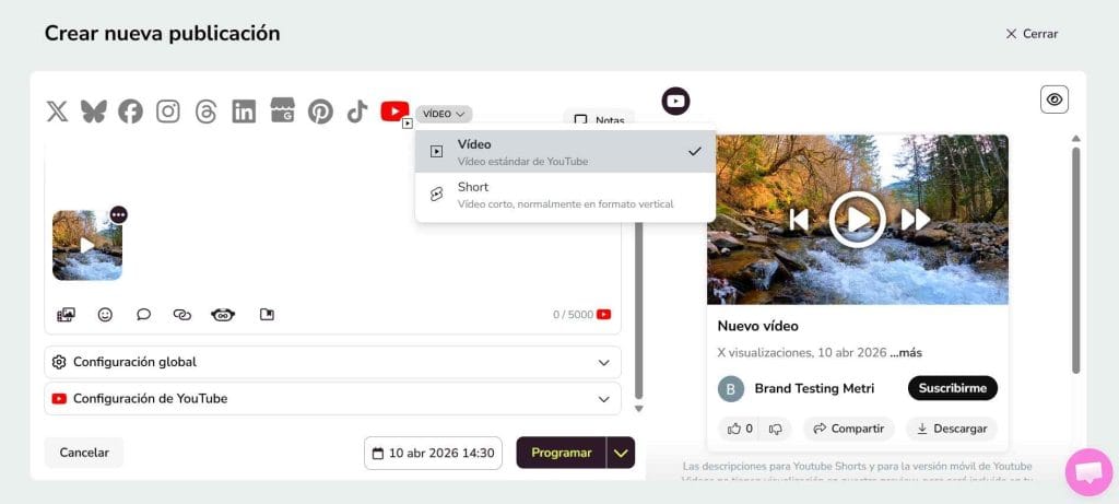Planificador de contenidos de YouTube con Metricool