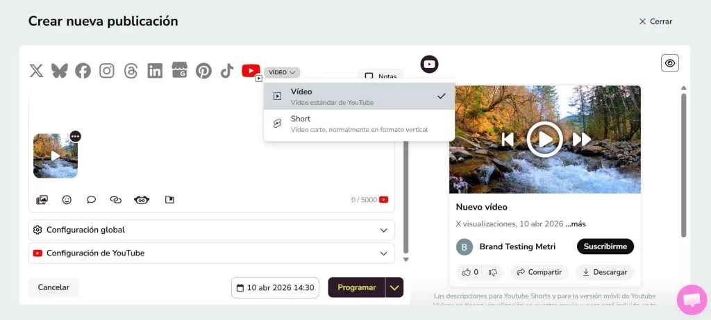 Planificador de contenidos de YouTube con Metricool