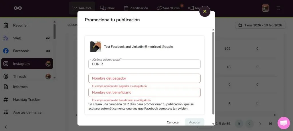 Promocionar post con Metricool