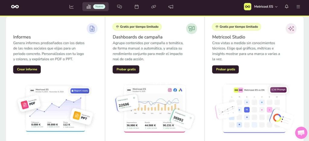 Sección de Reporting en Metricool