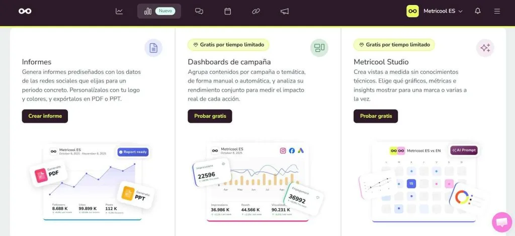 Sección de Reporting en Metricool