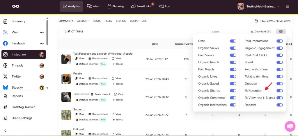 retention rate metricool
