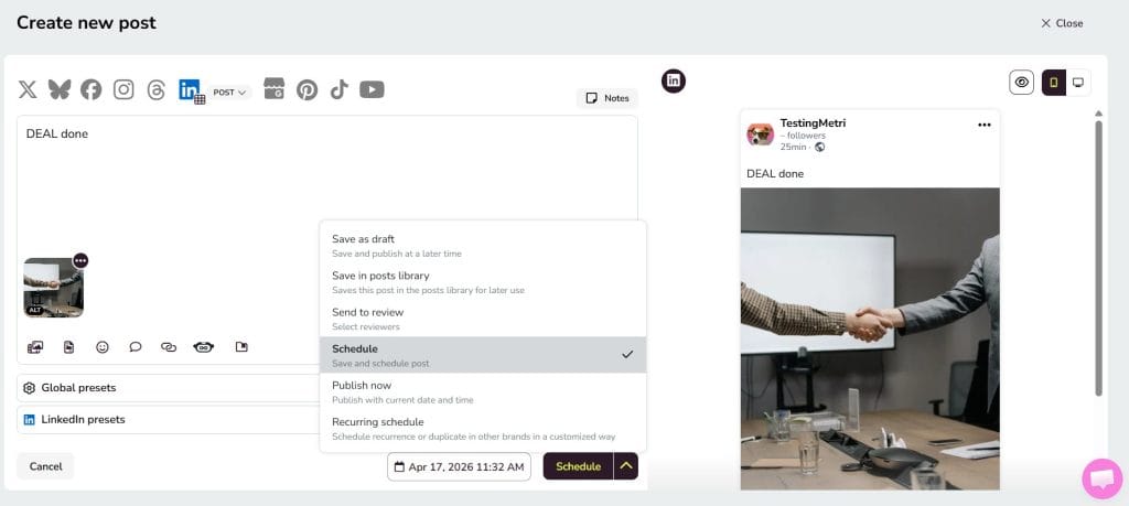 schedule or review linkedin post