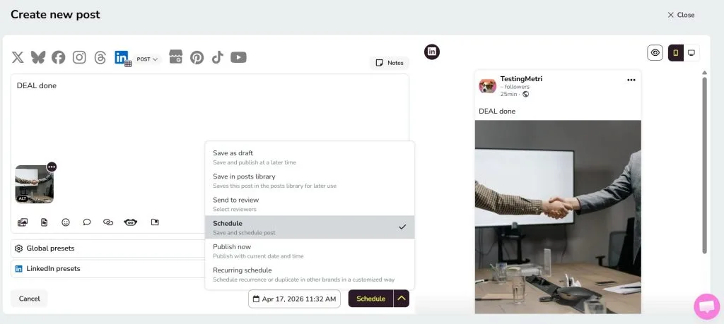 schedule or review linkedin post