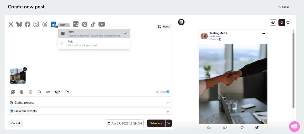 schedule linkedin post in metricool
