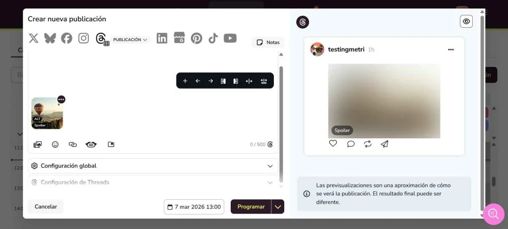 Programar Spoilers en Threads con Metricool