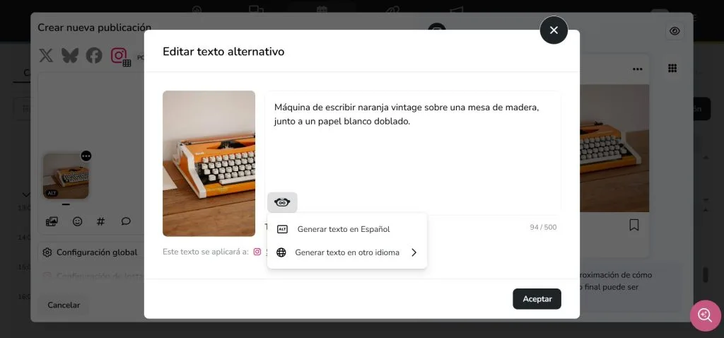 generador de texto alt con inteligencia artificial en metricool