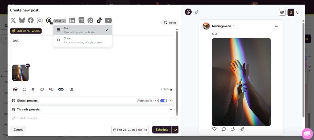 threads post schedule in metricool