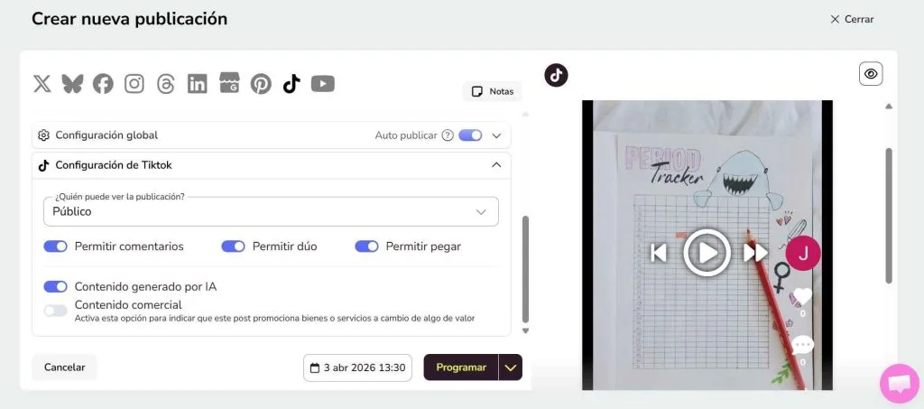 Etiquetar contenidos generados con IA de TikTok desde Metricool