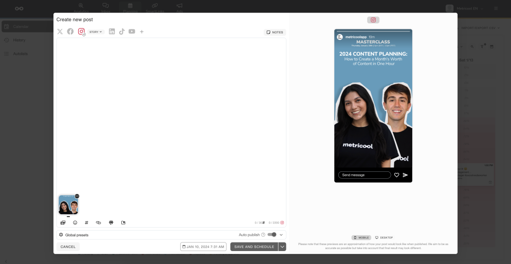 Schedule Instagram Stories with Metricool