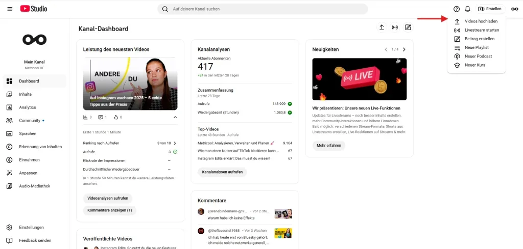 youtube shorts planen im youtube studio